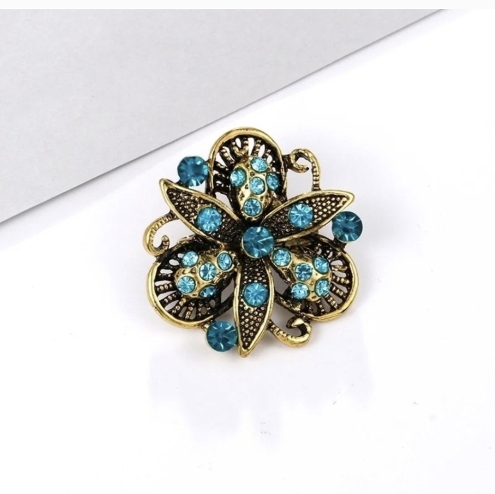 Elegant Gold & Blue Floral Brooch